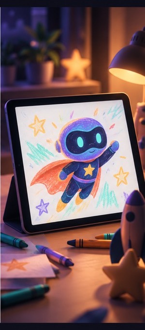 A colorful child-friendly superhero creation displayed on a tablet beside crayons