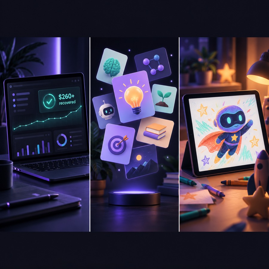 Full three-panel project visual showing ClaimBot, MindMorsels AI, and AI Kit for Kids